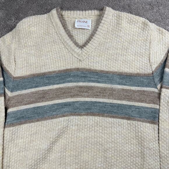 Vintage Striped V-Neck Sweater Size M Beige, Brown Blue Waffle Grandpa Academia - Picture 2 of 4